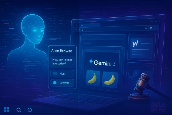 A blue holographic assistant guides auto-browse on a Gemini 3 interface in a futuristic scene.