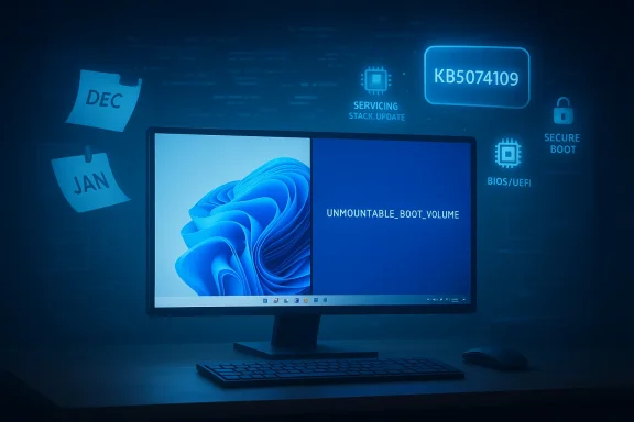 Blue-lit desk setup with a monitor displaying UNMOUNTABLE_BOOT_VOLUME error.