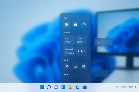 Blue translucent Start menu panel with system widgets over a blurred Windows desktop.