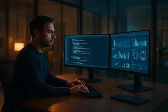 A man sits at a desk coding on dual monitors displaying code and data dashboards.