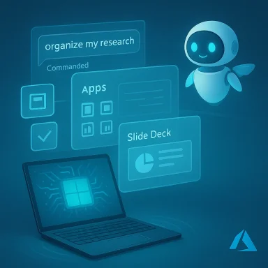 A friendly robot hovers beside a laptop with holographic app cards and a slide deck interface.