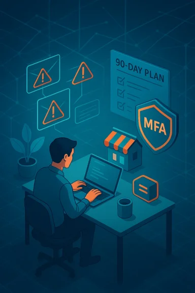 A person at a desk works on a laptop with an MFA shield, a 90-day plan, and warning icons in a tech-themed office.