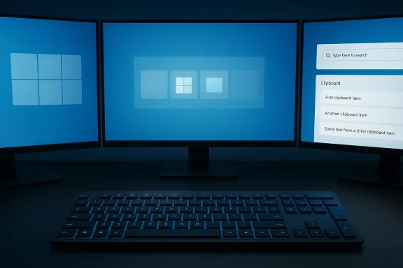 Blue-tinted triple-monitor Windows desktop setup with a keyboard and Windows-style UI on the screens.