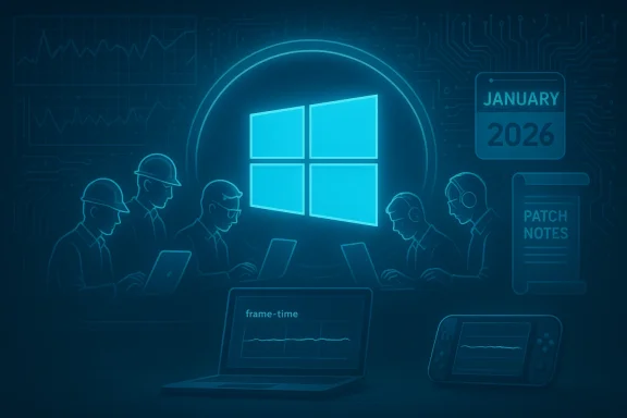 Engineers work around a glowing Windows logo in a futuristic tech lab.