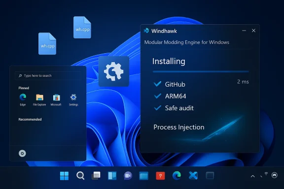 Windows desktop showing the Windhawk installer installing with a progress bar.