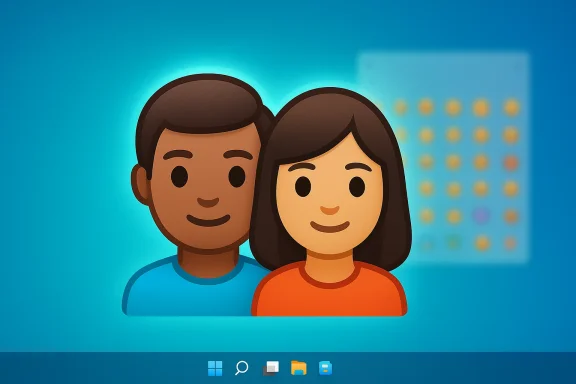 Two cartoon avatars, a man and a woman, on a blue Windows-style desktop background.