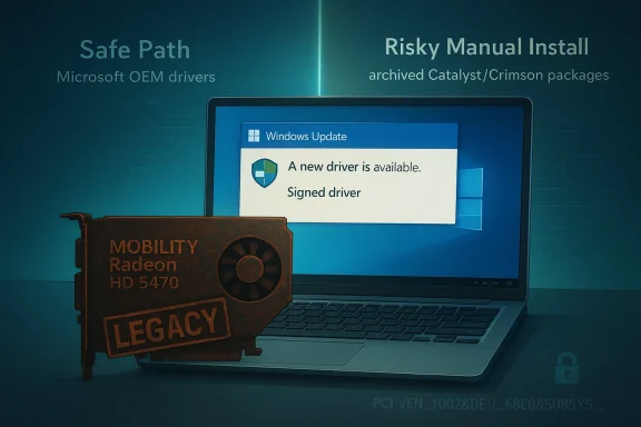 A Windows Update prompt shows a new signed driver, with a legacy Radeon Mobility HD 5470 card in the foreground.