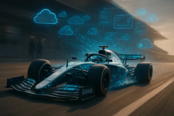 A Formula 1 car speeds along the track, surrounded by blue holographic cloud and data visuals.