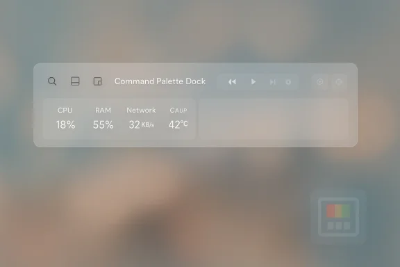 A translucent Command Palette Dock displaying CPU, RAM, network, and temperature stats over a blurred background.