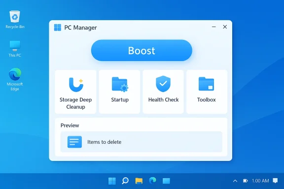 Windows desktop showing PC Manager with a big Boost button and four feature tiles.