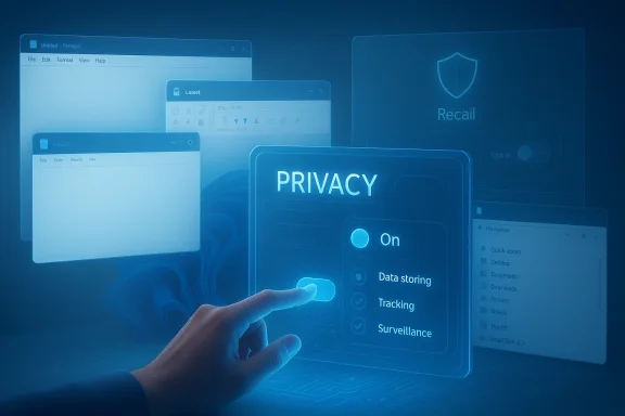 A hand toggles Privacy on, highlighting data storing, tracking, and surveillance options.