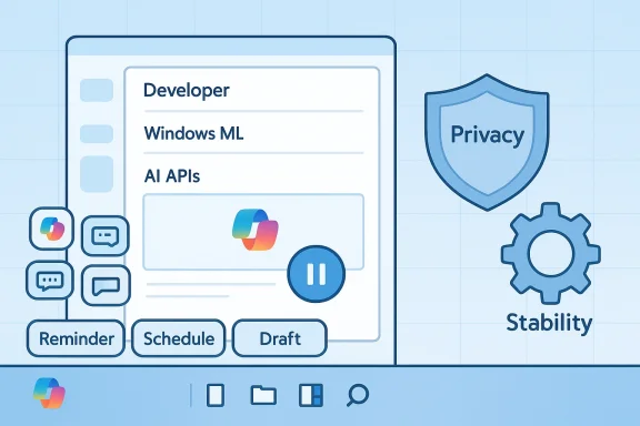 Blueprint-style UI mockup showing developer tools and AI APIs, with privacy and stability icons.