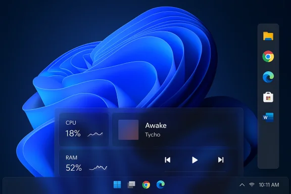 Blue abstract wallpaper with a floating system monitor widget showing CPU/RAM and a vertical app dock.