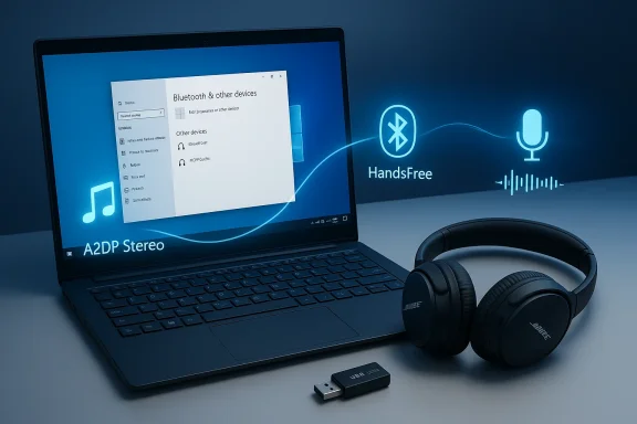 Laptop screen shows Bluetooth settings; wireless headphones and a USB dongle sit nearby.