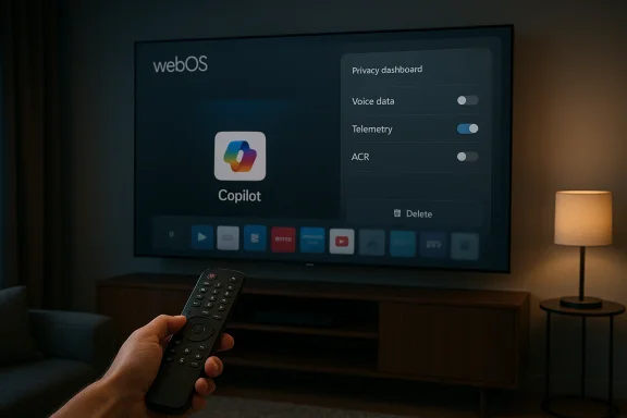 Hand with remote aimed at a living-room TV showing webOS Copilot and privacy settings.