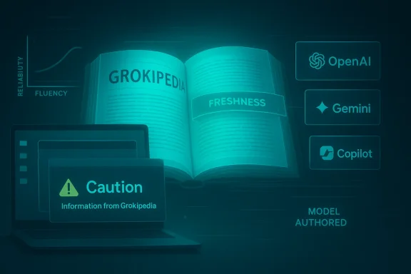 An illuminated GROKIPEDIA book surrounded by AI logos (OpenAI, Gemini, Copilot) and a caution laptop.