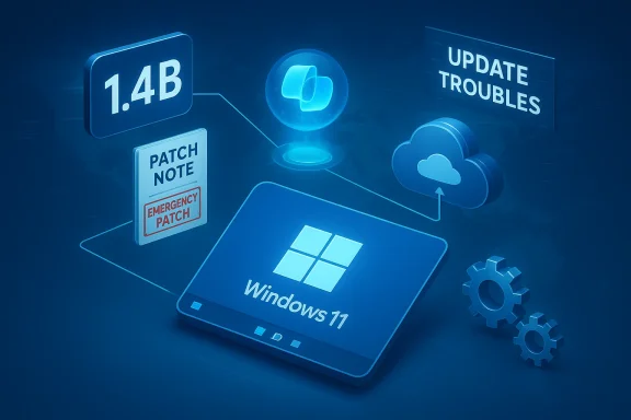 Blue Windows 11 update illustration with patch notes, cloud sync, and an “Update Troubles” sign.