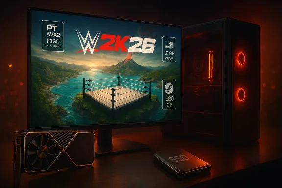 High-end gaming setup with a red-lit PC, a monitor displaying W2K26 artwork, and an external SSD.