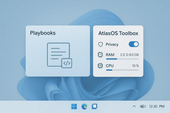 Two desktop widgets labeled Playbooks and AtlasOS Toolbox on a blue, Windows-like background.