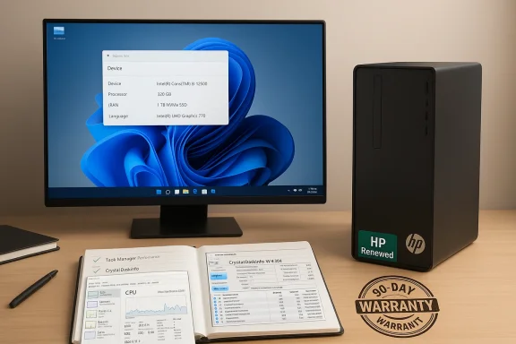 A Windows PC setup with a monitor, an HP Renewed desktop, and an open notebook on a wooden desk.