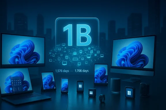 Blue-toned montage of devices around a glowing '1B' sign, symbolizing one billion connected devices.