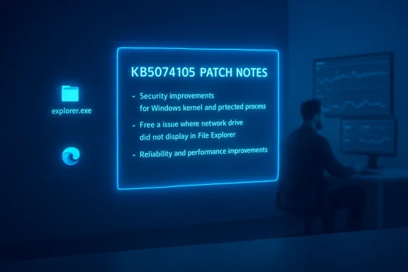 Blue neon holographic patch notes panel (KB5074105) with bullets and icons, plus a person at a computer. Blue neon holographic patch notes panel (KB5074105) with bullets and icons, plus a person at a computer.