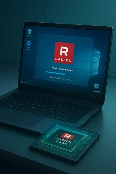 A laptop displays a Radeon update screen while a Radeon 6300M chip rests nearby.