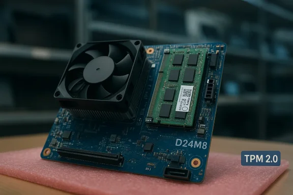 A computer motherboard with a cooling fan and RAM modules, featuring a TPM 2.0 label.