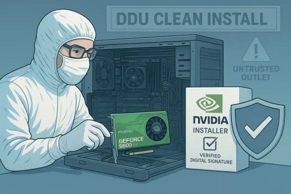 A technician in a cleanroom suit installs a GeForce GPU inside a PC, beside NVIDIA installer box and a DDU Clean Install banner.