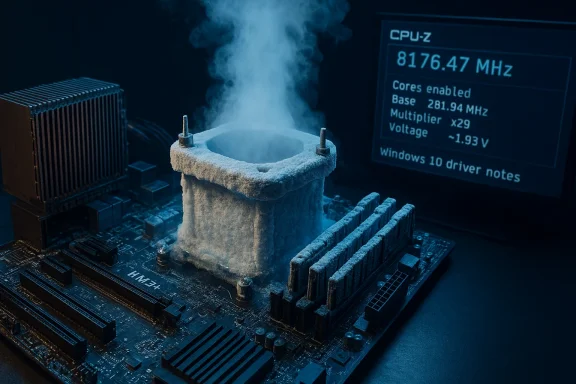 A frost-covered CPU cooler vents steam above a blue-lit motherboard. A frost-covered CPU cooler vents steam above a blue-lit motherboard.