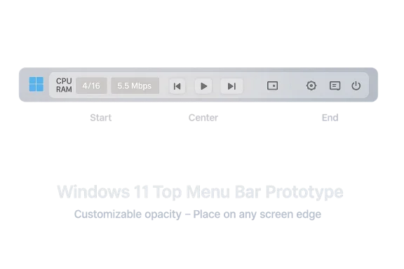 Windows 11 top menu bar prototype displaying CPU/RAM, Mbps, and media controls.