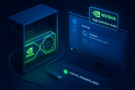 Neon-lit NVIDIA GPU in a PC, connected to a monitor showing High Definition Audio settings.