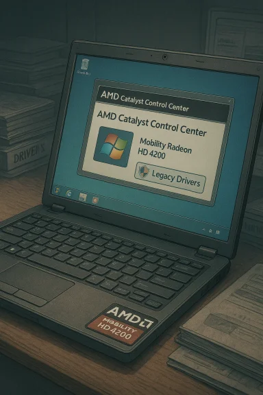 An old laptop showing AMD Catalyst Center for Mobility Radeon HD 4200 with a Legacy Drivers badge.