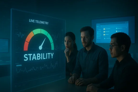A team analyzes live telemetry on a holographic stability gauge.