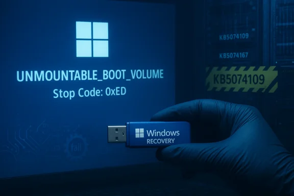 A Windows Recovery USB drive held by a gloved hand in front of a blue screen displaying UNMOUNTABLE_BOOT_VOLUME.