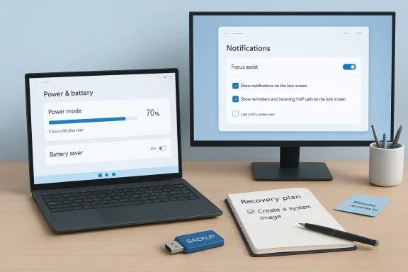 Tech workspace with laptop and monitor showing power status, notifications, a backup drive, and a recovery plan.