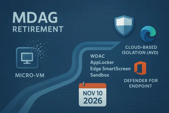 MDAG retirement infographic with Micro-VM, WDAC, AppLocker, Edge/Sandbox, AVD, Defender for Endpoint; Nov 10, 2026.
