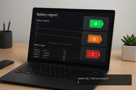 Laptop screen shows a battery report with charts and status icons, plus the command 'powercfg /batteryreport'.