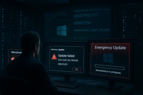 A person in a dim server room watches multiple screens showing Windows Update failure messages.