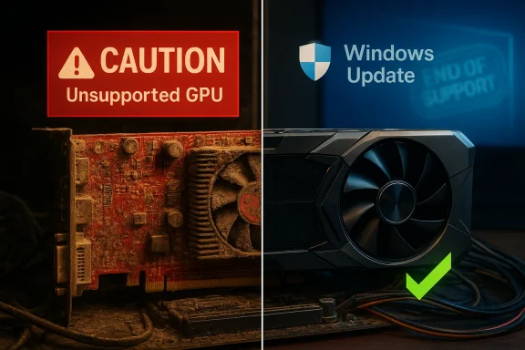 Split image: dusty, old GPU with “Caution: Unsupported GPU” vs. new GPU with Windows Update check.