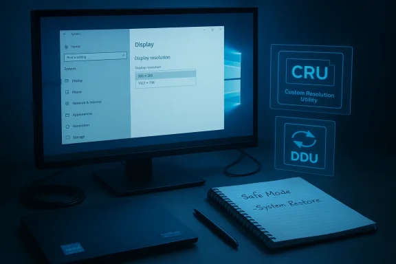 Monitor displays Windows display settings; notebook on the desk reads 'Safe Mode - System Restore'.
