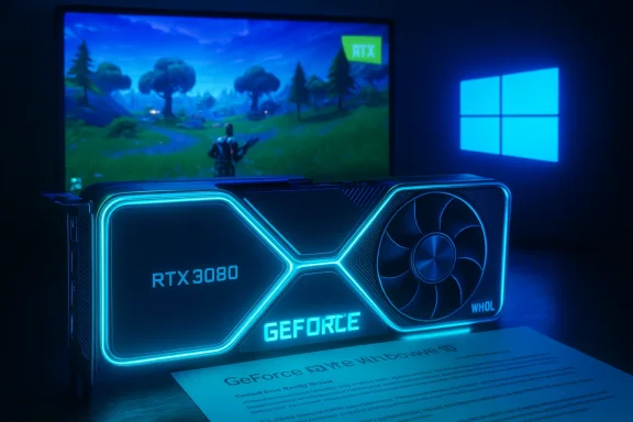 RTX 3080 GeForce graphics card with glowing blue LED lighting, game on screen behind.