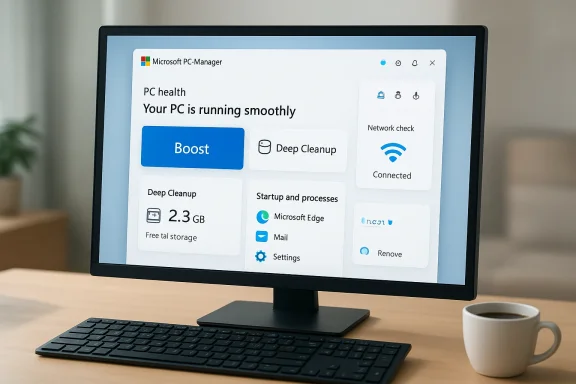Desktop monitor shows PC Manager with Boost and Deep Cleanup options on a tidy desk.