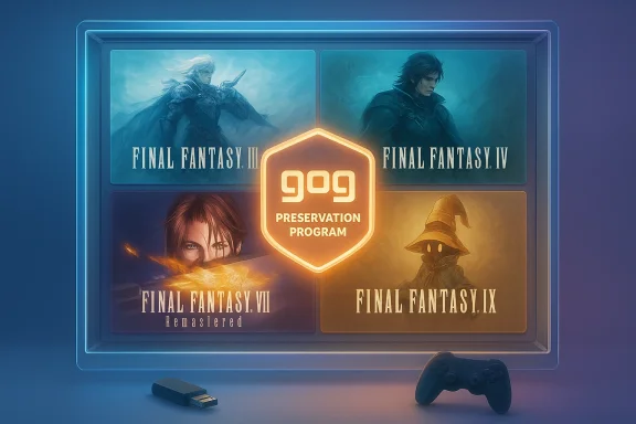A neon-lit display shows four Final Fantasy titles with a glowing 909 Preservation Program emblem. A neon-lit display shows four Final Fantasy titles with a glowing 909 Preservation Program emblem.