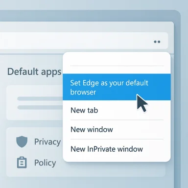 Popup asks to set Edge as default browser, with options for New tab, New window, and InPrivate window.