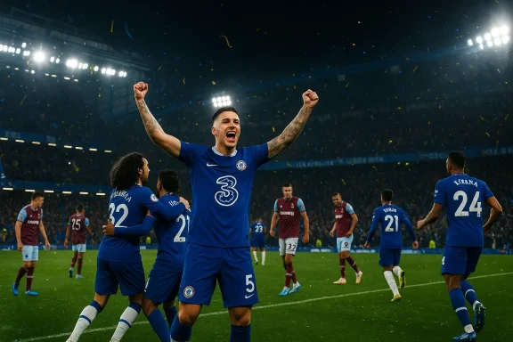 Chelsea players celebrate a goal on the pitch as confetti falls.