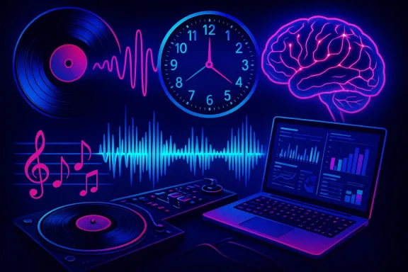 Neon DJ booth with vinyl, pulsating waveform, a clock, and a glowing brain beside a laptop with analytics.