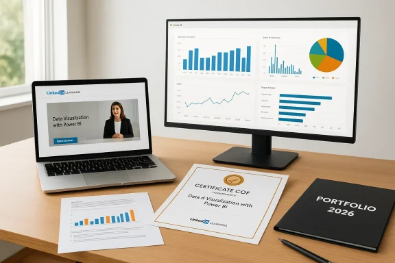 Workspace with a laptop and a large monitor showing charts; LinkedIn Learning course on Power BI.