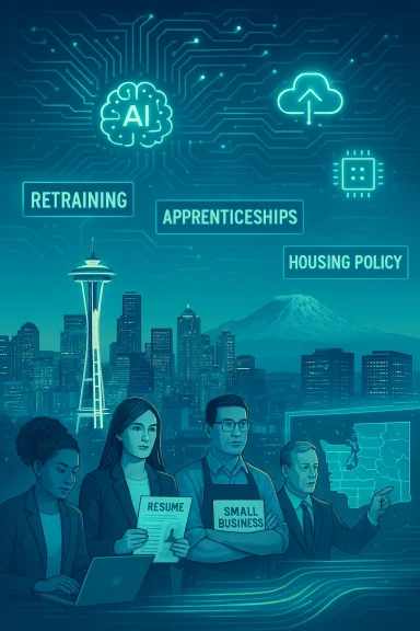 Seattle skyline features AI-driven retraining and apprenticeships shaping housing policy.