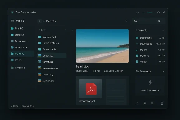 A dark, sleek file manager window open to Pictures, showing a beach.jpg preview.
